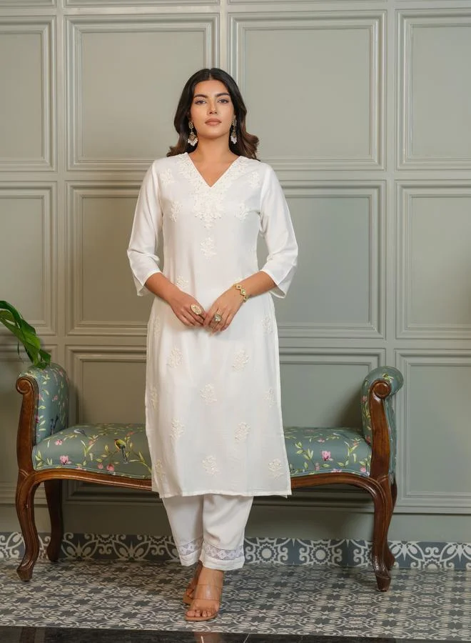 Dw  Women Embroidered Straight Kurta and Trousers Co-Ords for Women | Best Price UAE